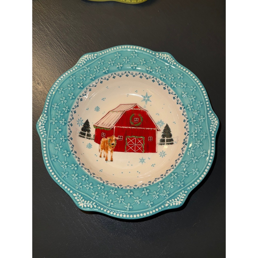 Pioneer Woman Christmas Barn Calf Turquoise Embossed Stoneware Pasta Bowl